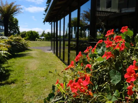 Red flowers and gardens beside the retreat building