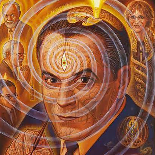 Symbolic portrait illustration with concentric circles and figures