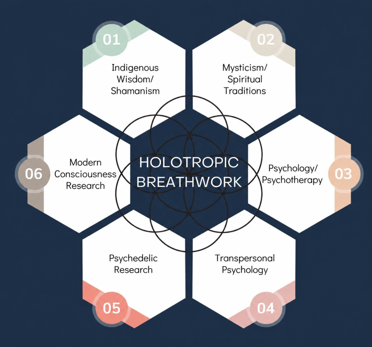 Six influences surrounding Holotropic Breathwork: Indigenous wisdom and shamanism; mysticism and spiritual traditions; psychology and psychotherapy; transpersonal psychology; psychedelic research; modern consciousness research
