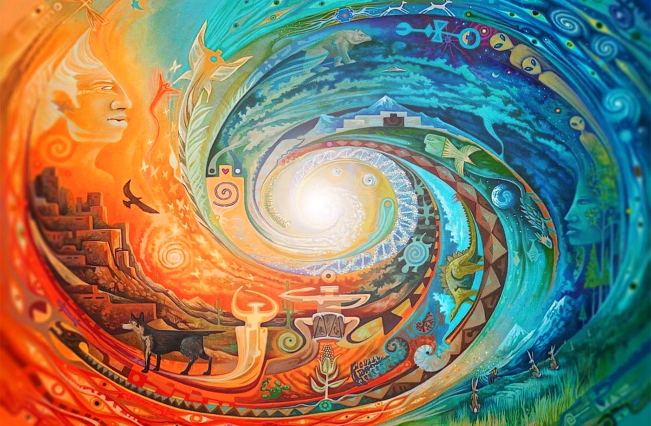 Colourful spiral mandala with symbolic figures and patterns