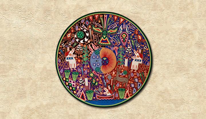 Colourful circular mandala artwork on a textured background