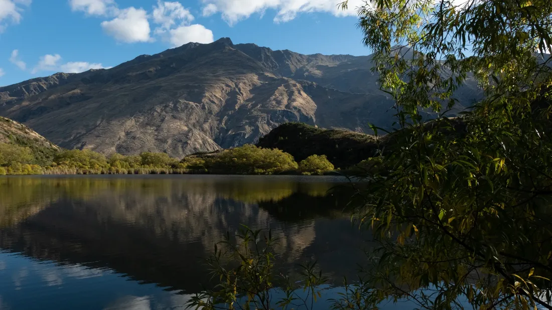 Mountains and trees reflected in a calm lake