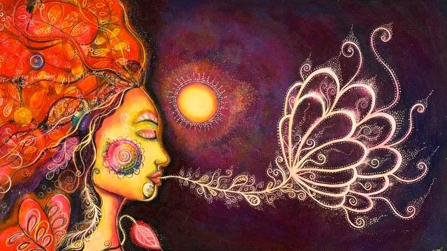 Colourful artwork of a face breathing a delicate branching pattern
