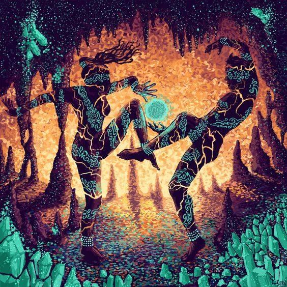 Expressive artwork of two dancers in a colourful forest